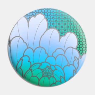 blue green peony flower and geometric pattern Pin