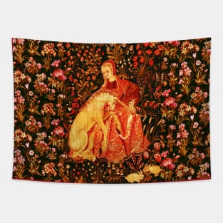 LADY AND UNICORN AMONG FLOWERS ,HARES,Red Brown Green Floral Tapestry