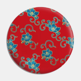 BLUE LOTUS FLOWERS IN ROYAL RED Kimono Style Antique Japanese Floral Pin