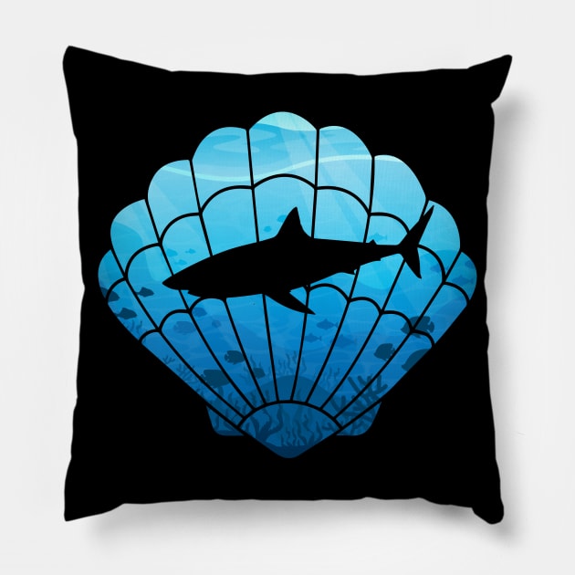 Shark in the ocean, black shark, blue ocean, seashell art Pillow by Julorzo