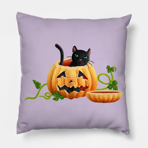 Cat sitting in a Halloween pumpkin Pillow by CleanRain3675