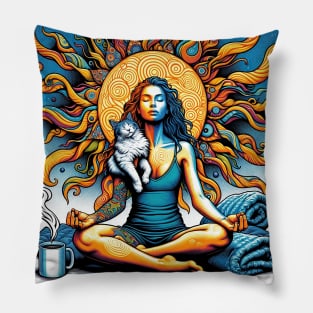 Meditating Woman and Cat Pillow