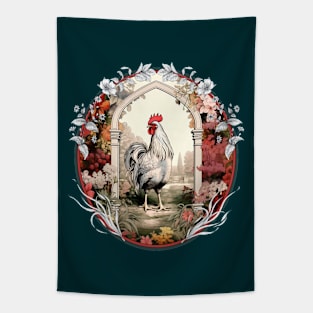 Proud Rooster in a Flower Garden Tapestry