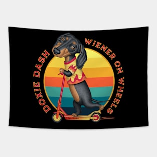 Cute Dachshund Doxie Dash Wiener on Wheels Tapestry