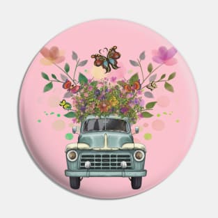 Vintage Truck Garden Flowers & Butterflies Pin