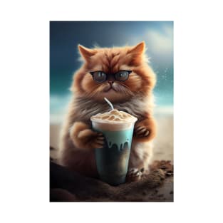 Cute Cat Drinks Coffee at the beach T-Shirt