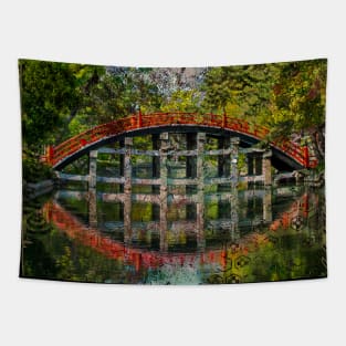 Japanese Garden Red Bridge Water Trees Collage Art 87 Tapestry