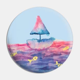 Sea, Boat & Fish Watercolor Pin