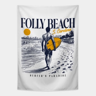 Vintage Surfing Folly Beach, South Carolina // Retro Surfer Sketch // Surfer's Paradise Tapestry