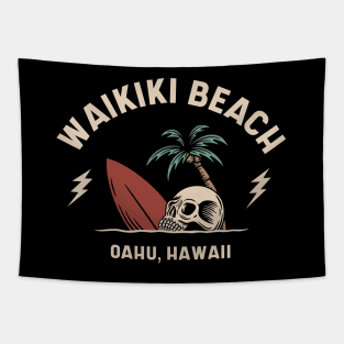 Vintage Surfing Waikiki Beach Oahu Hawaii // Retro Surf Skull Tapestry