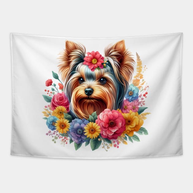 A yorkshire terrier with beautiful colorful flowers Tapestry by CreativeSparkzz