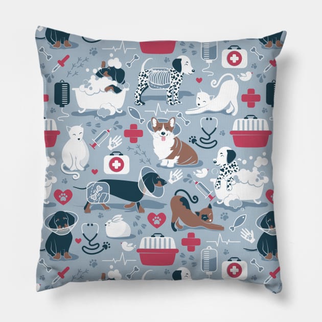Veterinary medicine, happy and healthy friends // pattern // pastel blue background red details navy blue white and brown cats dogs and other animals Pillow by SelmaCardoso
