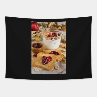 autumnal food background with milk, cereal, rusks and wildberries jam, cornflakes Tapestry