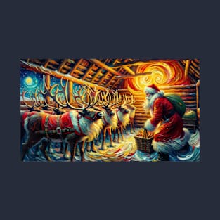 Santa & Reindeer Under Starry Skies - Van Gogh-Inspired Art Prints T-Shirt