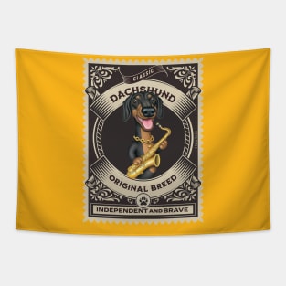 Cute doxie dachshund with sax in golden circle Tapestry