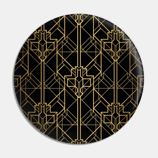 Black and Gold Vintage Art Deco Geometric Squares Pattern Pin by podartist