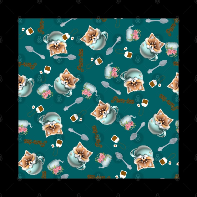 Cute Pomeranian Teacup Floral Teapot Teaspoon Tea Bag Ocean Teal Pattern by SweetPawsnClaws