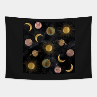 Gold Sun Moon Planets Space illustration Tapestry