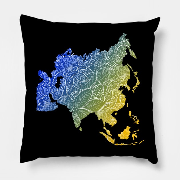 Colorful mandala art map of Asia with text in blue and yellow Pillow by Happy Citizen