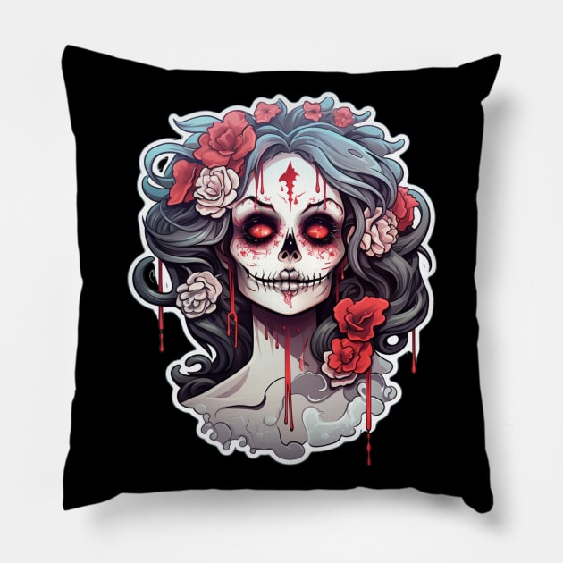 Muerta Calaca Calavera Day of the Dead Pillow by Nightarcade