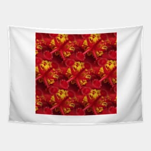 repeating sections of a red and gold hibiscus flower Tapestry