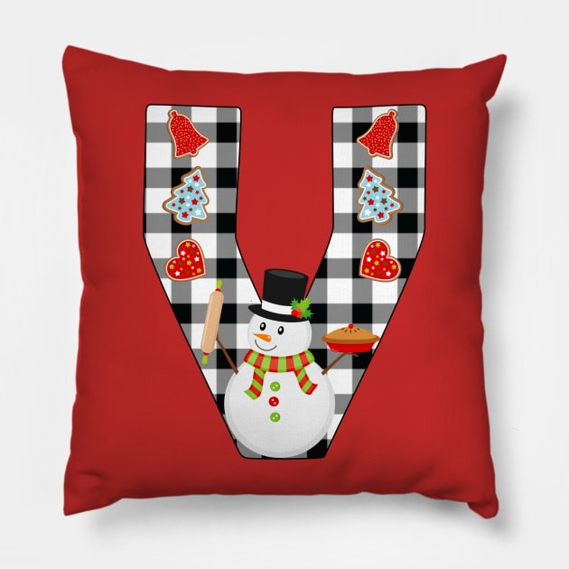 BW Buffalo Checks Pattern Monogram V | Snowman Pillow by ExpressYourSoulTees