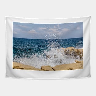 Wave breaks on rocks of the Sliema coast Tapestry