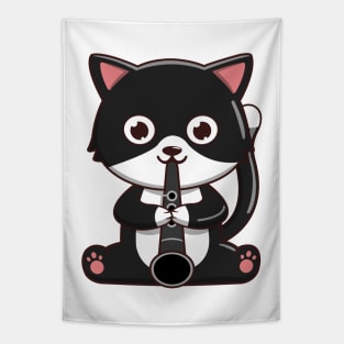 Cute Tuxedo Cat Playing The Clarinet Tapestry