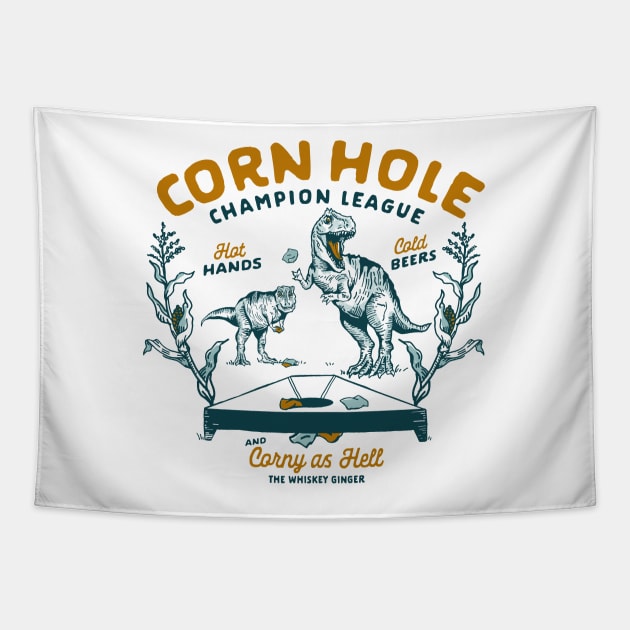 Cornhole Champion League: Funny T-Rex & Beer Art Tapestry by The Whiskey Ginger