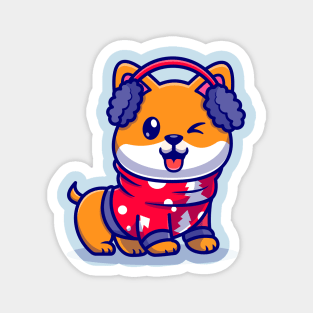 Cute Shiba Inu Dog In Winter Season Cartoon Magnet