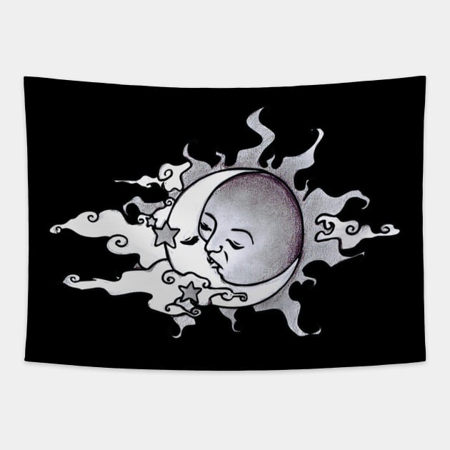 Sun and Moon kissing by night Tapestry by Zias