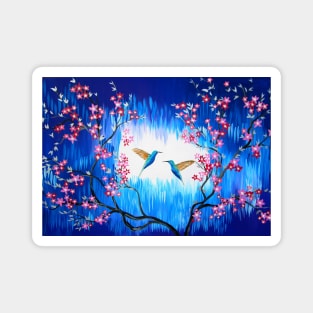 Blue, Cherry Blossoms and Hummingbirds Magnet