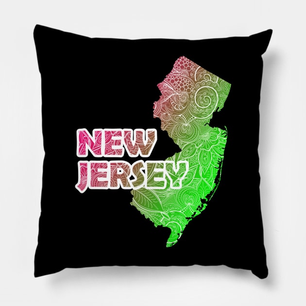 Colorful mandala art map of New Jersey with text in pink and green Pillow by Happy Citizen