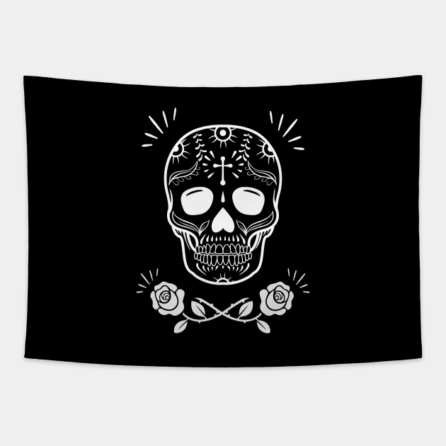 Sugar Skull With Roses Tapestry by Rike Mayer