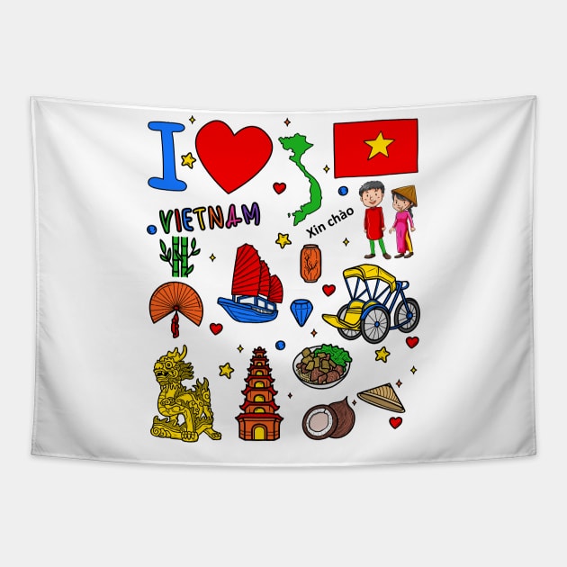 Vietnamese hand drawn landmarks, Vietnam map, Culture icons - Vietnam - Tapestry  TeePublic