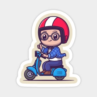 Cute Male Riding Scooter Cartoon Magnet