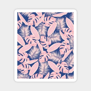 Tropical Green Leaves Pattern on Navy and Blue and Pink Magnet