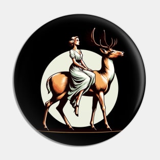 A deer being ridden by a woman Pin