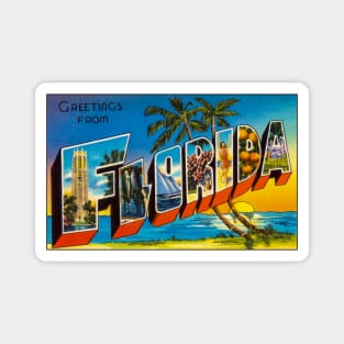 Greetings from Florida. This digitally restored 1930's era vintage postcard is perfect gift for the Florida FL lover and features many historic landmarks Magnet