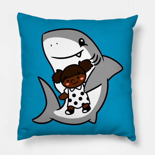 Shark Pup Morgan & Their Doll (Dark Tones, Pigtails, Smock Dress) Pillow by Pop & Purr