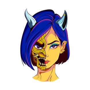 The Oni Masked Beauty - Japanese vector art - T-Shirt