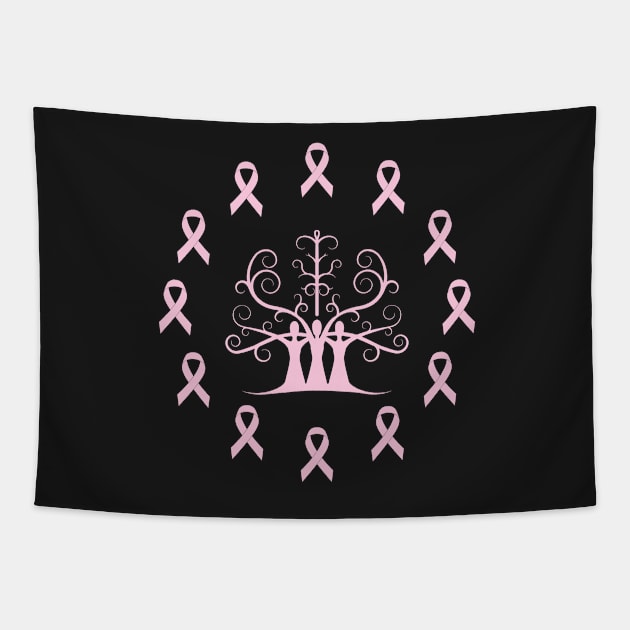 Breast Cancer Awareness Light Pink Ribbon Sisters Tree Of Life Tapestry by SubtleSplit