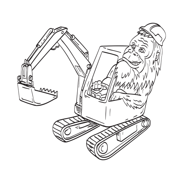 Sasquatch or Bigfoot Wearing Hardhat Driving a Mechanical Digger Excavator Line Art Drawing Illustration by patrimonio