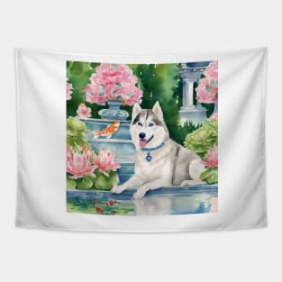 Husky and a flying fish, whimsical watercolor painting Tapestry