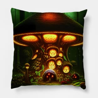 Magical Big Cottage Mushroom House with Lights in Forest with High Trees, Mushroom Aesthetic Pillow