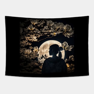 Lunar Beauty, Women and Magnolia in Moonlight Tapestry