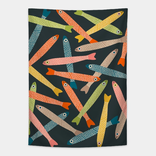 ANCHOVIES Bright Graphic Fun Groovy Fish in Vintage Orange Yellow Pink Blue Green Beige on Charcoal - Tossed Layout - UnBlink Studio by Jackie Tahara Tapestry by UnBlink Studio by Jackie Tahara