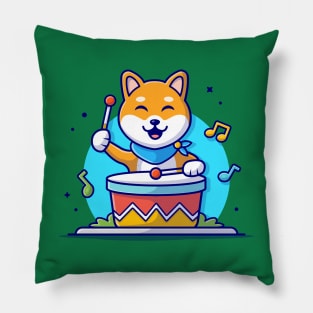 Cute Dog Playing Drum with Stick, Tune and Notes of Music Cartoon Vector Icon Illustration Pillow