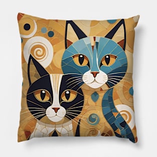 Gustav Klimt's Chromatic Whiskers: Colorful Cat Illustration Pillow