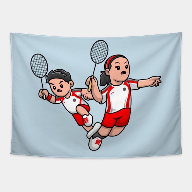 Cute Boy And Girl Playing Badminton Cartoon Tapestry by Catalyst Labs